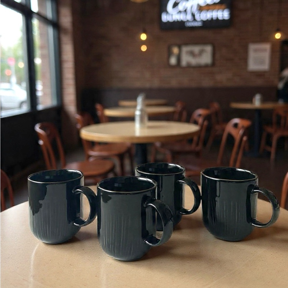 Dansk Bistro Black Ribbed Coffee Mugs Cups Set Of 4
